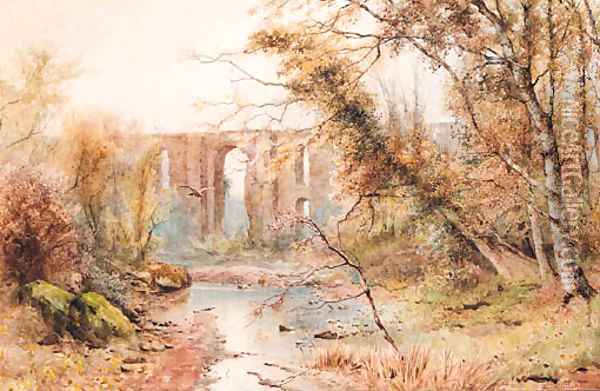 A Roman Aqueduct crossing a River in the Country Oil Painting - Ettore Roesler Franz