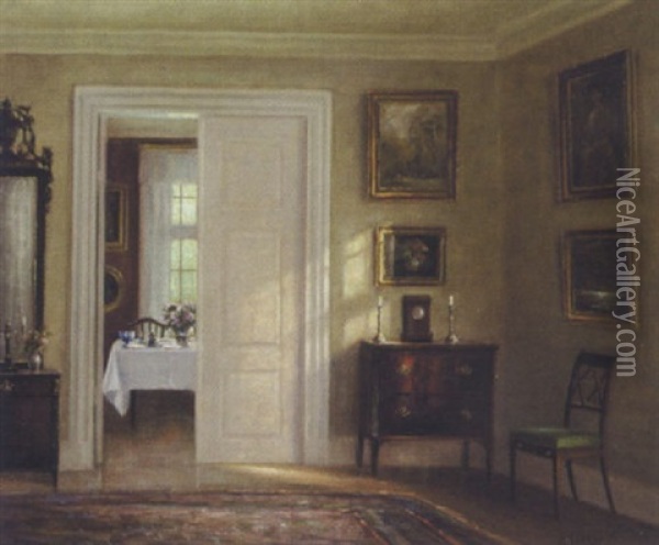 Interior, Et Kig Fra Stuen Ind Til Det Veldaekkede Bord I Spisestuen Oil Painting - Hans Hilsoe