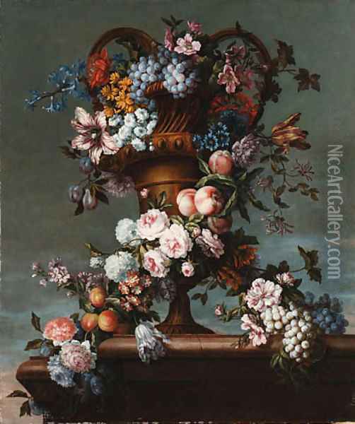 Grapes, peaches, plums, roses, hyacinth, hydrangea and other flowers entwined around a bronze vase Oil Painting - Jean-Baptiste Monnoyer