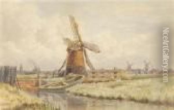 Windmills With Town Beyond Oil Painting - Stephen John Batchelder