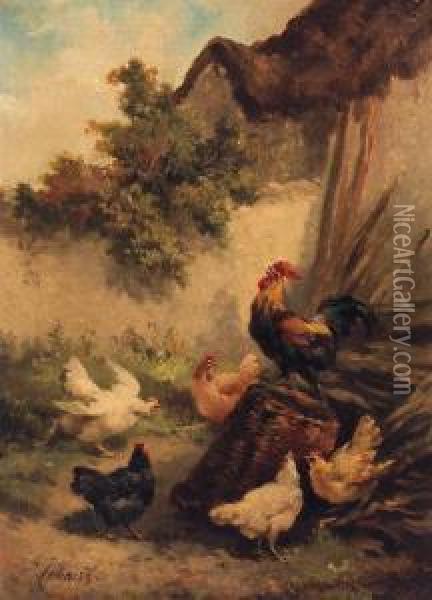 Roosters And Chickens In A Farmyard Oil Painting - Louis Marie Lemaire