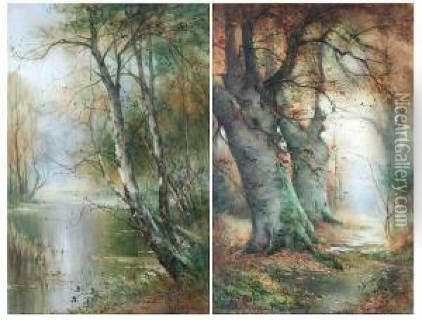 Wooded Lakeside Scenes, Probably At Burnham Beeches, A Pair Oil Painting - Thomas Tayler Ireland