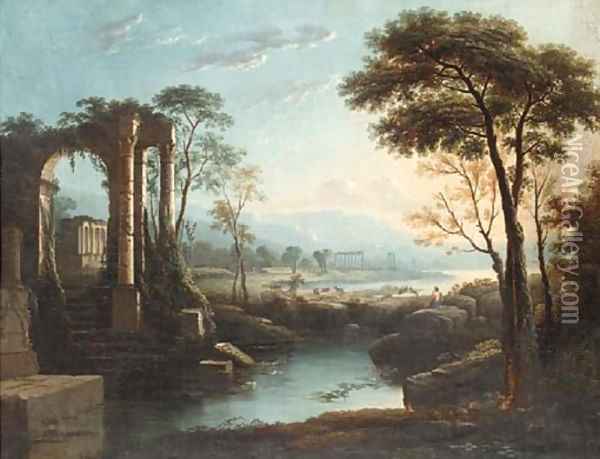 A goatherd by Arcadian ruins Oil Painting - Claude Lorrain (Gellee)