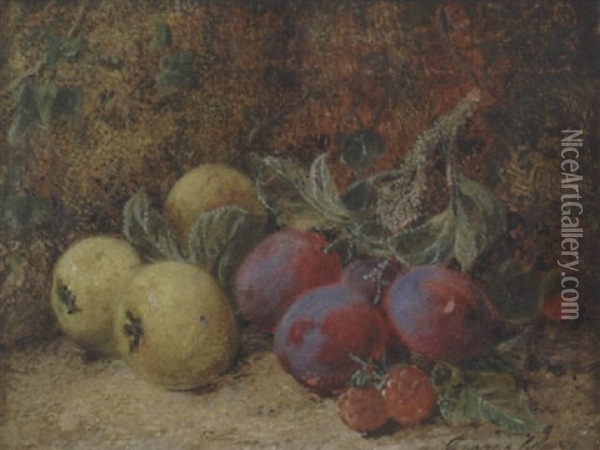 Still Life Of Plums, Raspberries And Crab Apples Oil Painting - George Clare