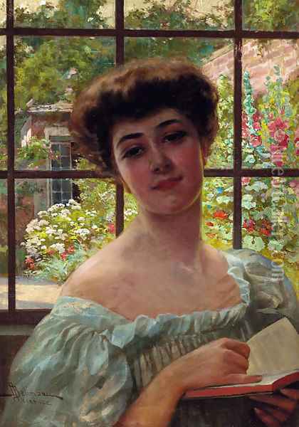 Portrait of a lady, bust length, in a white summer dress holding an open book Oil Painting - Adolfo Belimbau