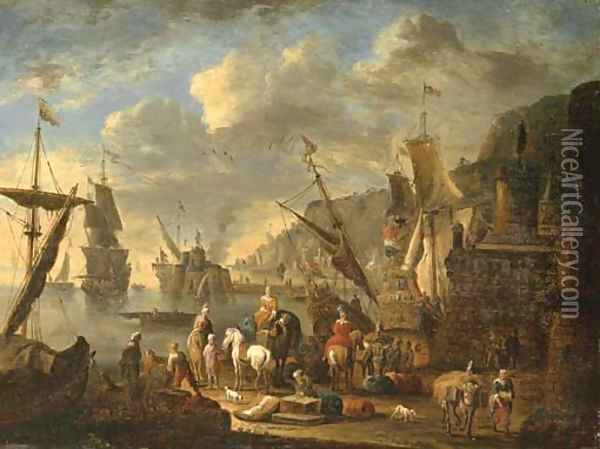 Oriental merchants in an imaginary Mediterranean port Oil Painting - Jan Baptist van der Meiren