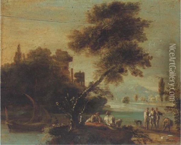 A Wooded River Landscape With Figures Resting By A River Bank, Classical Ruins Beyond Oil Painting - Jan de Momper
