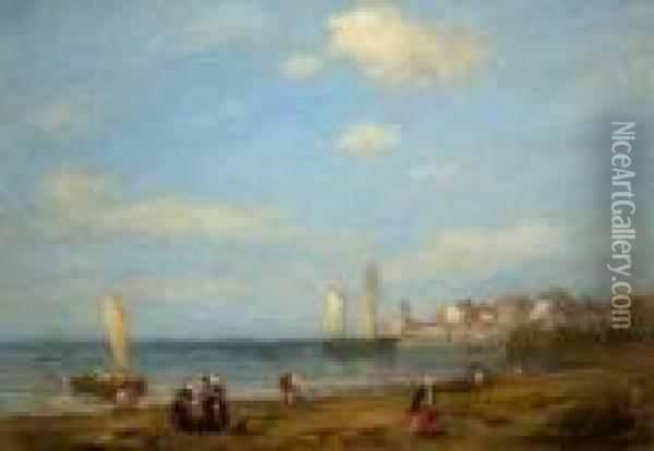 Figures On A Shore Of A Harbour With Moored Vessels Beyond Oil Painting - Eugene Boudin