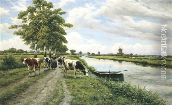 Vue De Riviere Avec Vachere Oil Painting - Henri Houben
