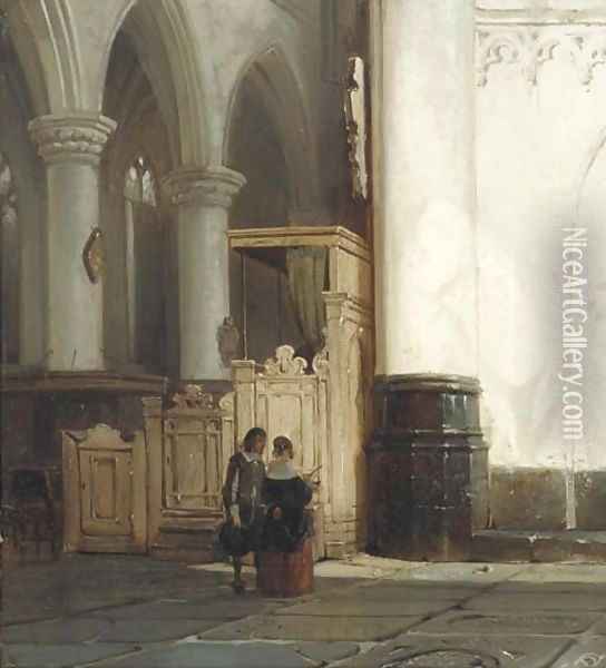 Church interior with an elegant couple Oil Painting - Cornelis Springer