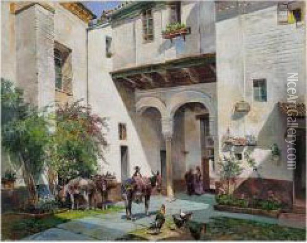 Un Patio Sevillano (a Sevillian Courtyard) Oil Painting - Manuel Garcia y Rodriguez