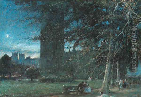 Figures seated on a bench, before the Houses of Parliament Oil Painting - Albert Goodwin