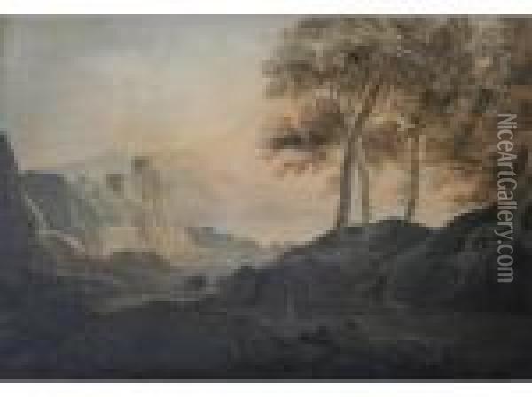 Figures In A Landscape Beneath Ruined Towers Oil Painting - William Payne