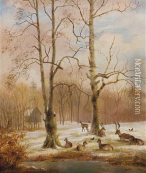 Deer Resting At The Edge Of A Snow-covered Forest Oil Painting - Nicolaas Johannes Roosenboom