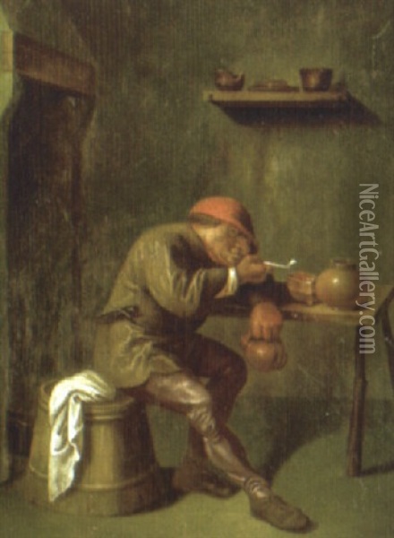 A Peasant Man Smoking A Pipe In An Interior Oil Painting - Pieter Jansz Quast