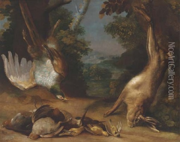 A Dead Hare And Pheasant With Partridge, Woodcock And Songbirds In A Landscape Oil Painting - Peter Von Bemmel