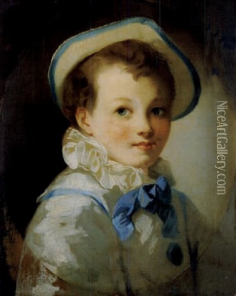 Kinderbildnis - Knabe Mit Hut, Blauer Bluse Und Schleife Oil Painting - Jean-Honore Fragonard