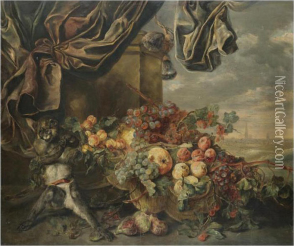 Still Life With Grapes And Peaches In Baskets Together With A Monkey Oil Painting - Jan Fyt