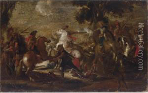 A Cavalry Battle Scene In A Wooded Landscape Oil Painting - Cornelis de Wael