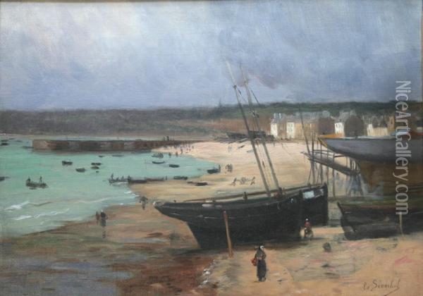 Beached Boats Oil Painting - Gustave Edouard Le Senechal De Kerdreoret