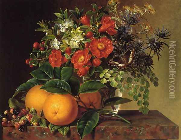 Thistle, Echinops, Myrtle in a Glass Vase with Oranges, Blackberries and a Butterfly no a Brown Marble Ledge Oil Painting - Johan Laurentz Jensen