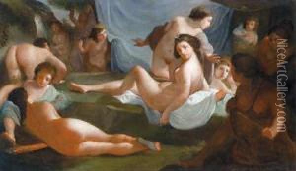 Diana E Le Sue Compagne Presso Una Cascata Oil Painting - Palma Vecchio (Jacopo Negretti)