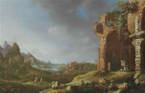 A Landscape With The Flight Into Egypt And A Hermit Monk Praying In Classical Ruins Oil Painting - Bartholomeus Breenbergh