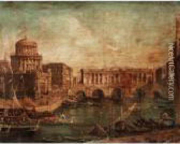 Venice, A Capriccio View Of The Rialto Bridge Oil Painting - (Giovanni Antonio Canal) Canaletto