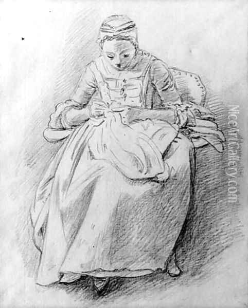Study of a woman sewing, probably the artist's daughter Oil Painting - William Hoare Of Bath
