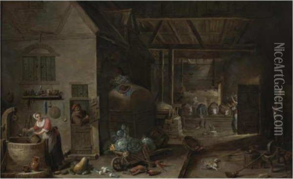 Interior Of A Farmhouse With Figures And Animals Oil Painting - David The Younger Teniers