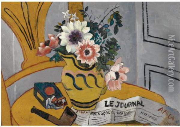 Flowers On A Chair With Pipe And Paper Oil Painting - Christopher Wood