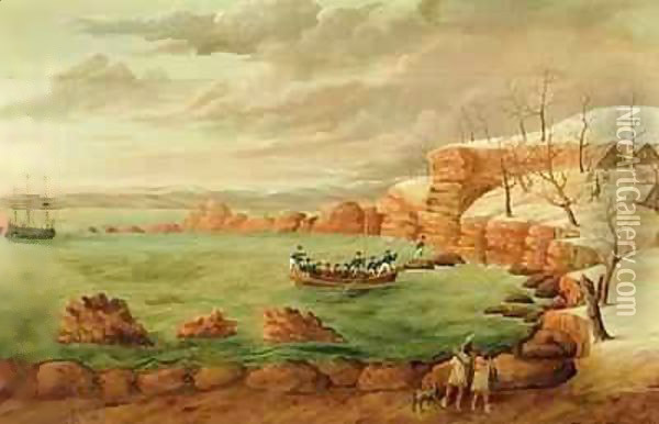 Fireboard depicting The Landing of the Pilgrims Oil Painting - Samuel Bartoll
