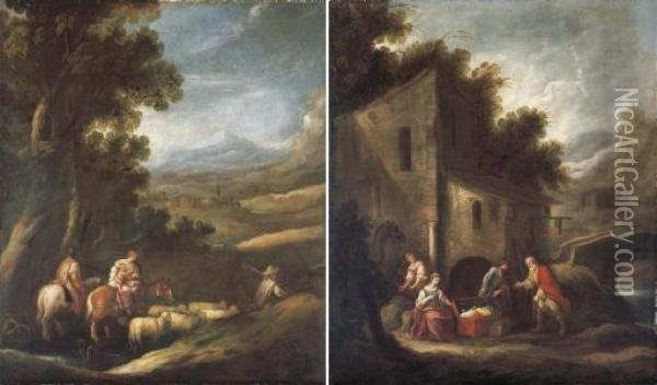 Jacob And His Household 
Journeying To Meet Esau; And Laban Searching For The Images Of Jacob As 
Secreted By Rachel Oil Painting - Francisco Antolinez Y Ochoa
