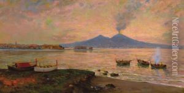 Fishing Boats In The Bay Of Naples Oil Painting - Carlo Brancaccio
