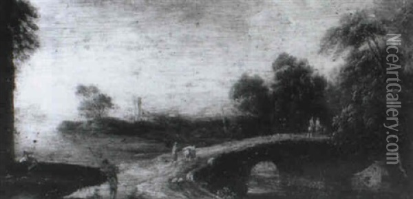A Wooded Landscape With A Traveller And Horse Crossing A    Bridge Oil Painting - Robert Griffier