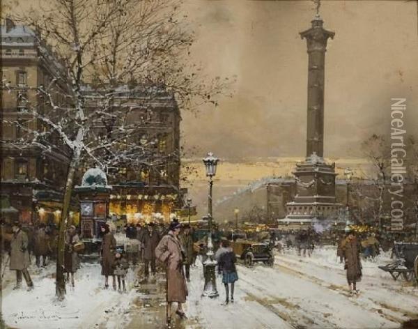 La Place De La Bastille Un Soir D'hiver. Oil Painting - Eugene Galien-Laloue