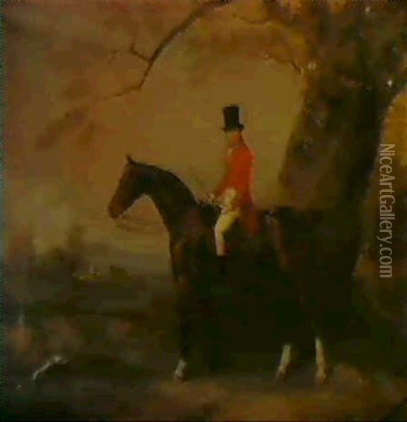 A Gentleman On His Bay Hunter In A Landscape Oil Painting - Benjamin Marshall