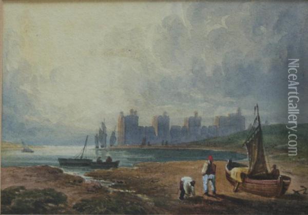 Caernarvon Castle Seen Across The Water Oil Painting - William Henry Harriott
