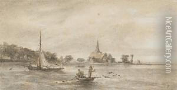 Fishing Off Erith, West Kent, Church Of Saint John In Background Oil Painting - Heneage Finch