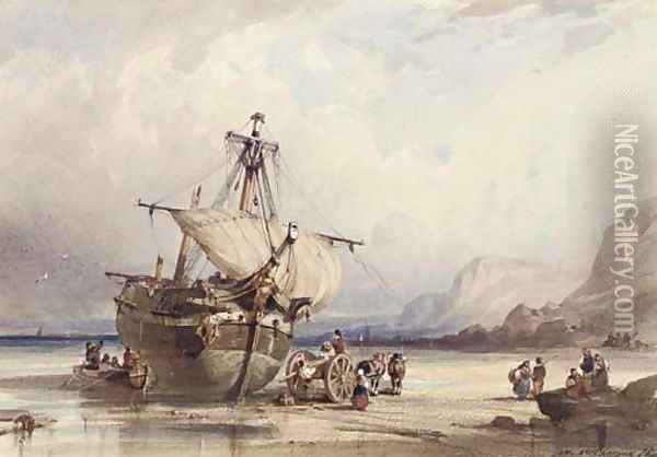 Figures dismantling a beached ship on a rocky shore Oil Painting - Auguste Delacroix