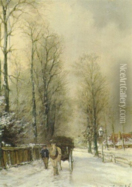 Vinterlandskab Med En Hestevogn Med Braende Oil Painting - Louis Apol