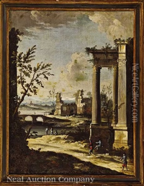 A Pair Of Capriccio Landscapes With Figures Amid Antique Ruins (2 Works) Oil Painting - Giovanni Paolo Panini