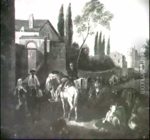 Figures With Packhorses And Donkeys                         Beside A Walled Town Oil Painting - Pieter van Bloemen