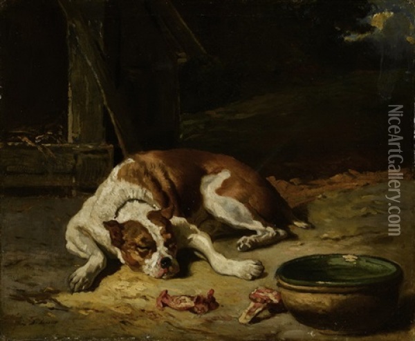 Schlafender Hund Vor Seinem Fressnapf Oil Painting - Alfred De Dreux