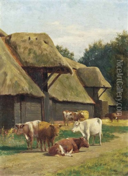 Cattle Grazing Before A Barn Oil Painting - William Sidney Cooper