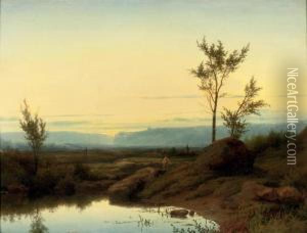 Fishermen Near A Pond At Sunset Oil Painting - Cornelis Lieste