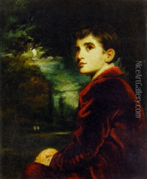 Portrait Of A Young Gentleman In A Red Velvet Jacket, A Moonlit Landscape Beyond Oil Painting - John Opie