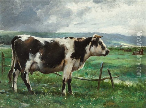 Portrait Einer Schwarz-weis Gefleckten Kuh Auf Der Weide Oil Painting - Jules Dupre