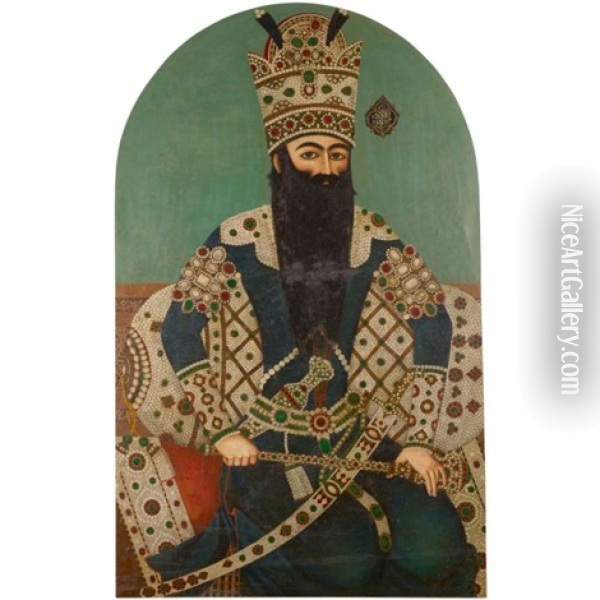A Portrait Of Fath'ali Shah Qajar, Seated Against A Jewelled Bolster On A Pearl Edged Rug Oil Painting - Mihr 'Ali