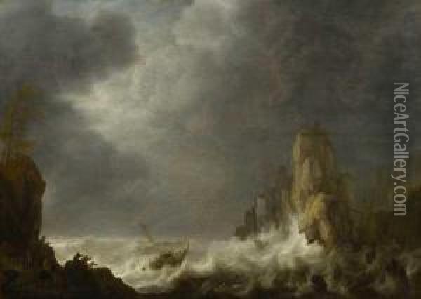 Schiffbruch Im Sturm Vor Felsiger Meereskuste. Oil Painting - Simon De Vlieger